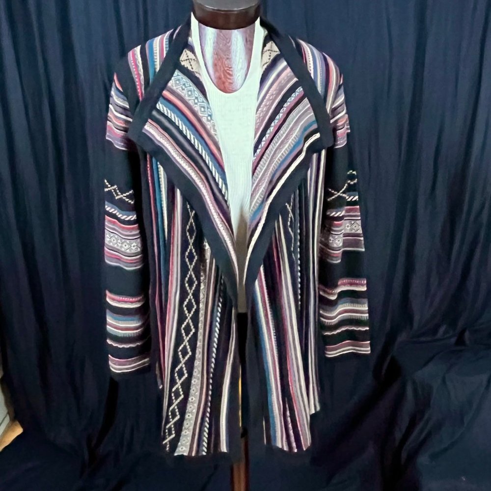Orvis Womens Wool Open Front Cardigan Southwest Aztec Black Multi Size XL